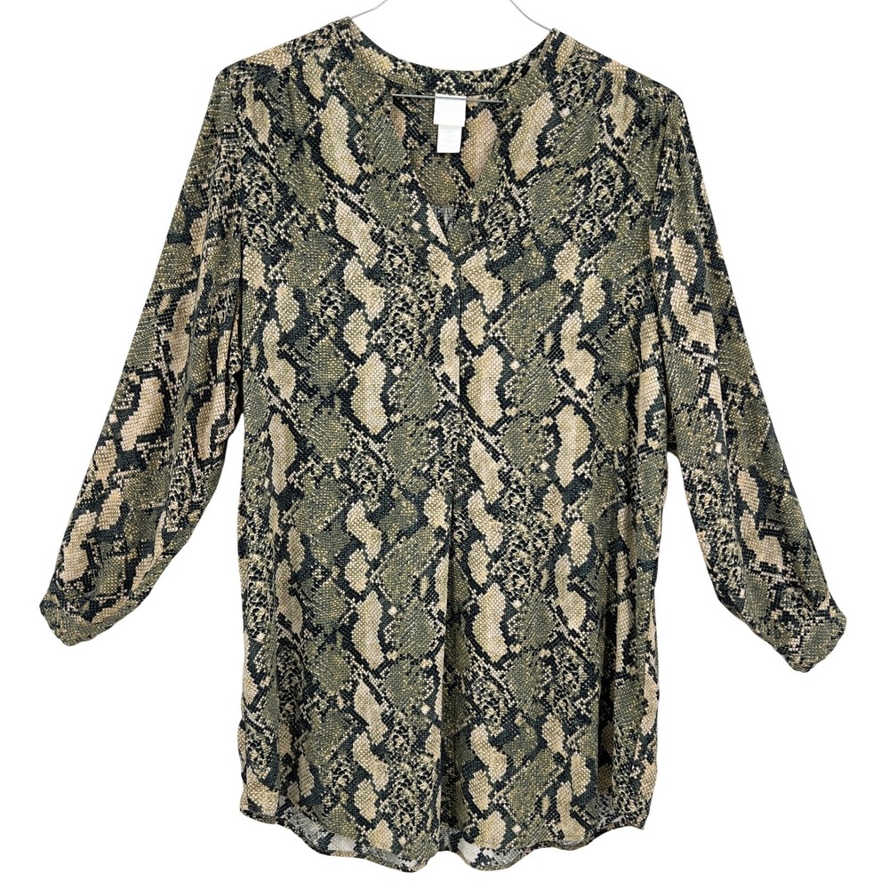 H&M Womens Green Snakeskin Longline Flowy Tunic Top Long‎ Sleeve Viscose Size 6